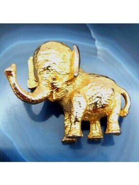 Vintage Gold Plated Elephant Brooch Jewelry Pin Trunk Up For Good Luck